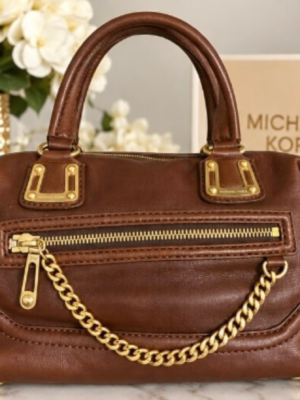 Michael Kors Brown Leather Satchel Handbag Gold Hardware
